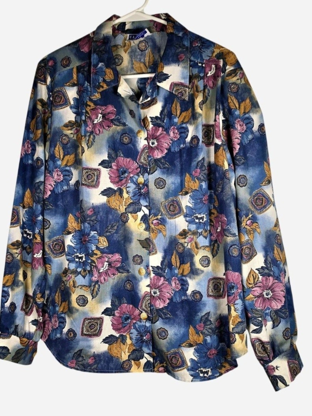 Cape Cod Sportswear Floral Button-Front Shirt Blue & Pink Womens Vintage XL